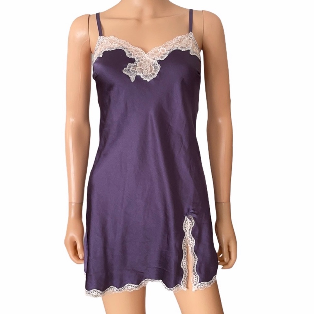 Victoria Secret purple silky satin slip dress w lace